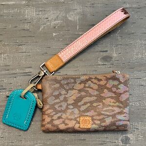 Consuela Iridescent Leopard Wristlet with Pink Strap and Teal Tag